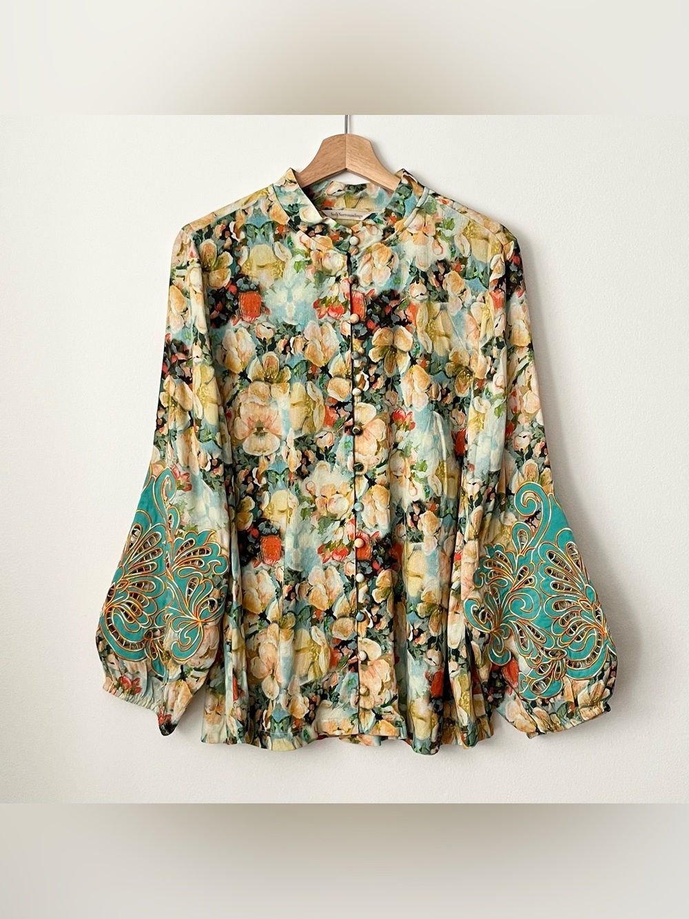 NWT Soft Surroundings Women's Floral Blouse Embroidered Sleeves Size L Turquoise